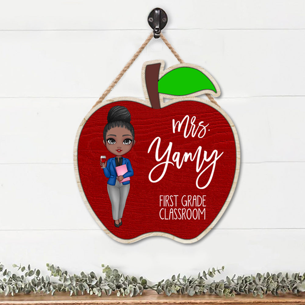 Custom Teacher Name Apple Shaped Wood Sign, Classroom Door Hanger