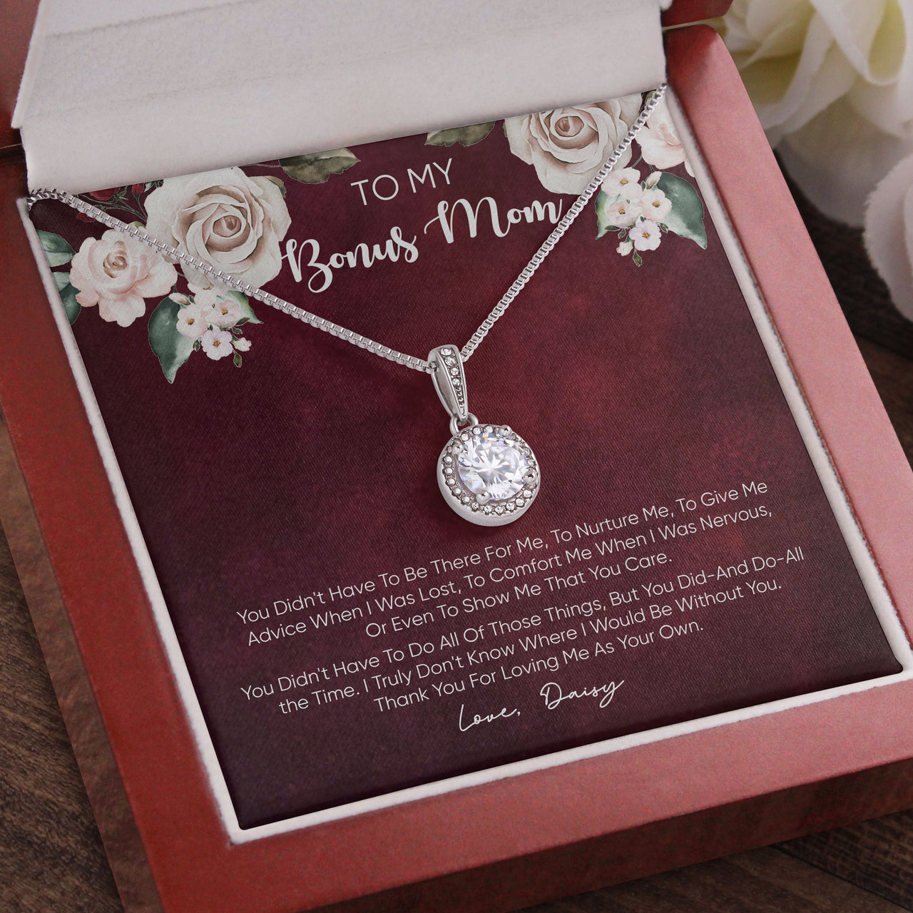 To My Bonus Mom You Didn't Have To Be Message Card Necklace