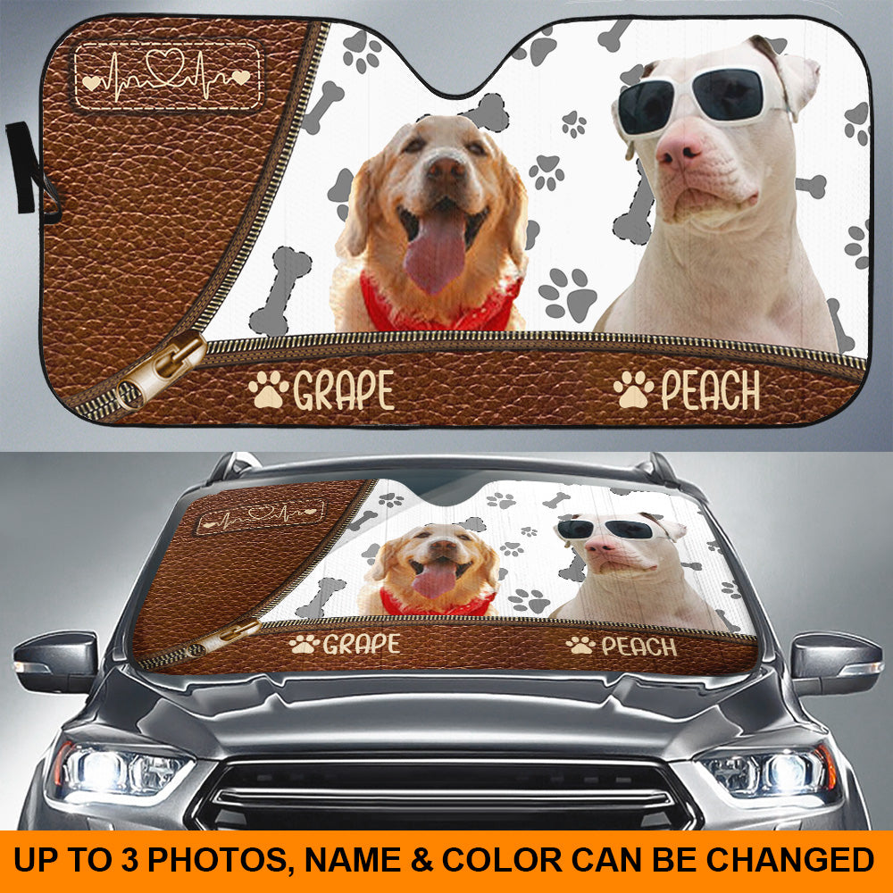 Upload Pet Photo Leather Pattern Car Sunshade, Gift For Dog & Cat Lovers Dung-YEN