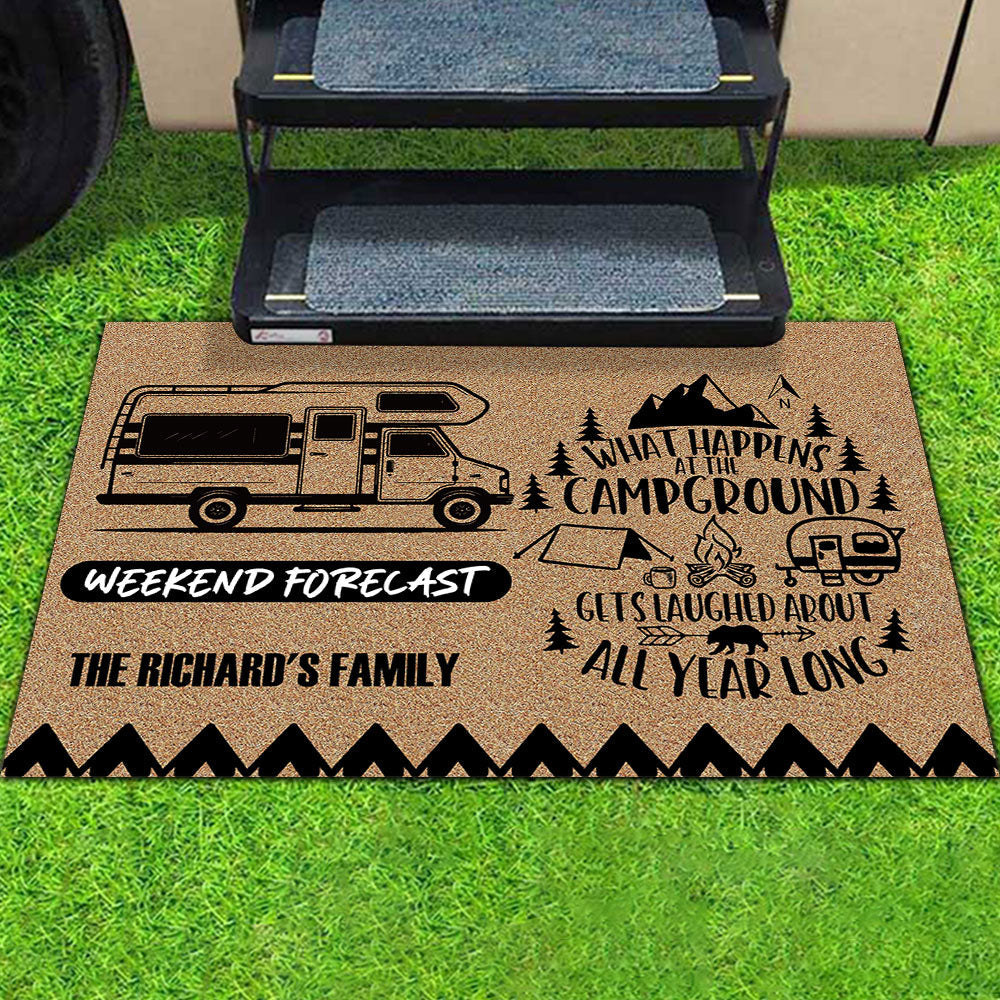 Weekend Forecast, What Happens At The Campground - Camping Doormat - Jonxifon