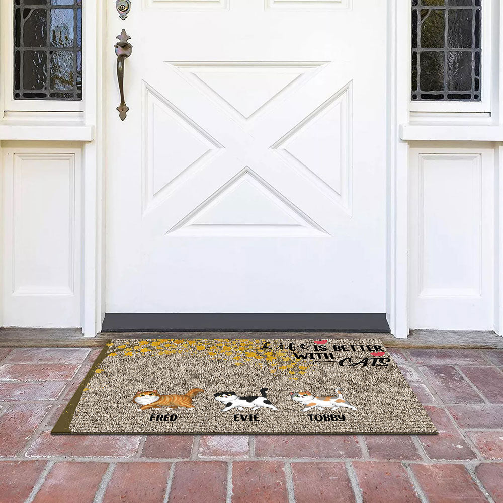 Life Is Better With Cats Falling Leaves - Personalized Cat Doormat - Jonxifon