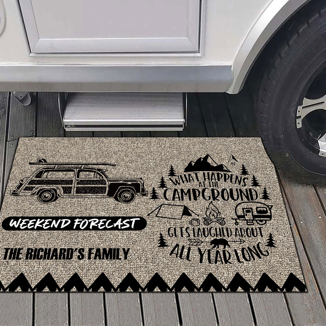 Weekend Forecast, What Happens At The Campground - Camping Doormat - Jonxifon