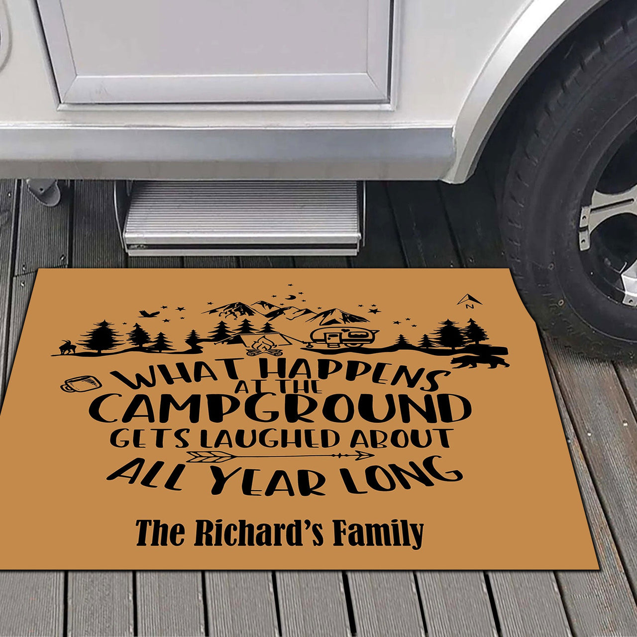 What Happens At The Campground Gets Laughed About All Year Long- Camping Gifts - Outdoor Indoor Personalized Doormat - Jonxifon