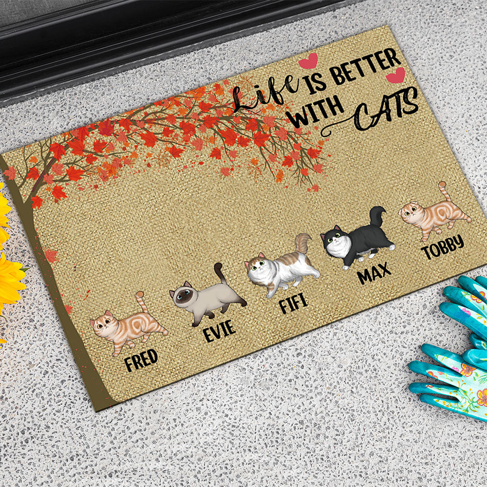 Life Is Better With Cats Falling Leaves - Personalized Cat Doormat - Jonxifon