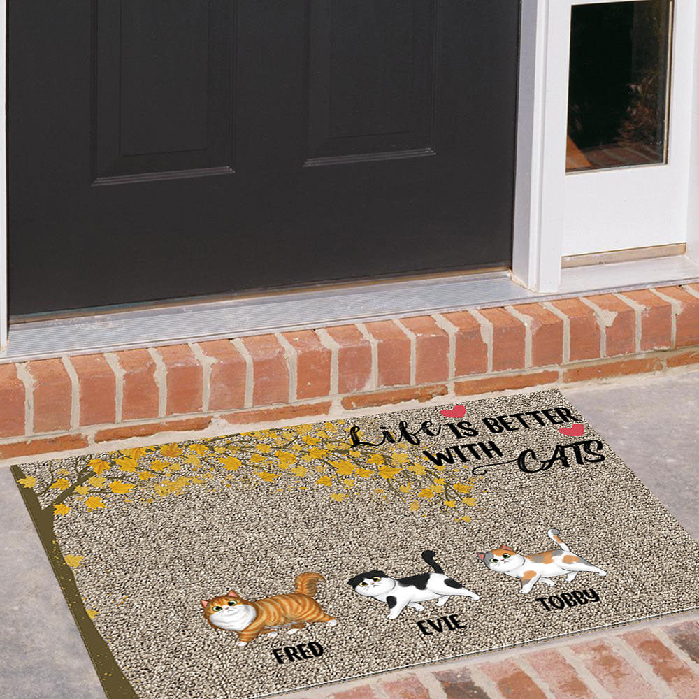 Life Is Better With Cats Falling Leaves - Personalized Cat Doormat - Jonxifon