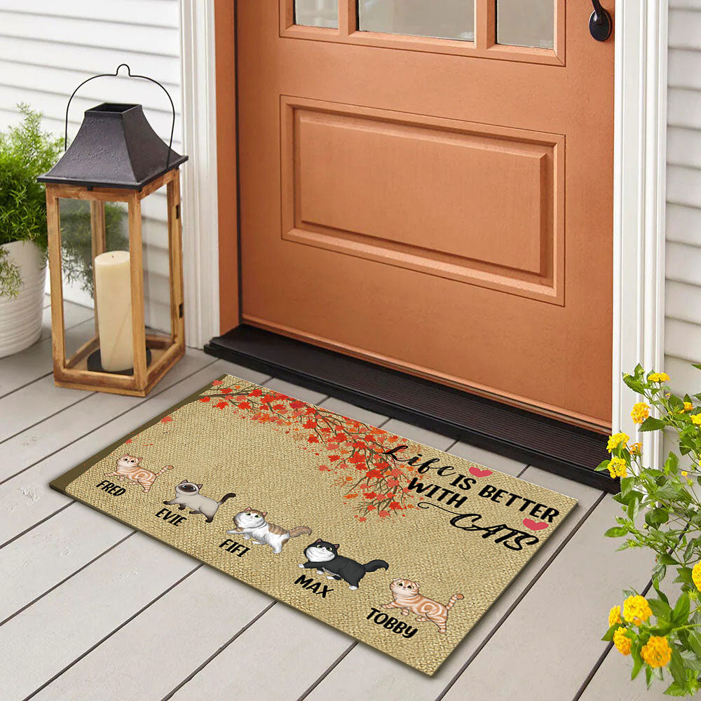 Life Is Better With Cats Falling Leaves - Personalized Cat Doormat - Jonxifon