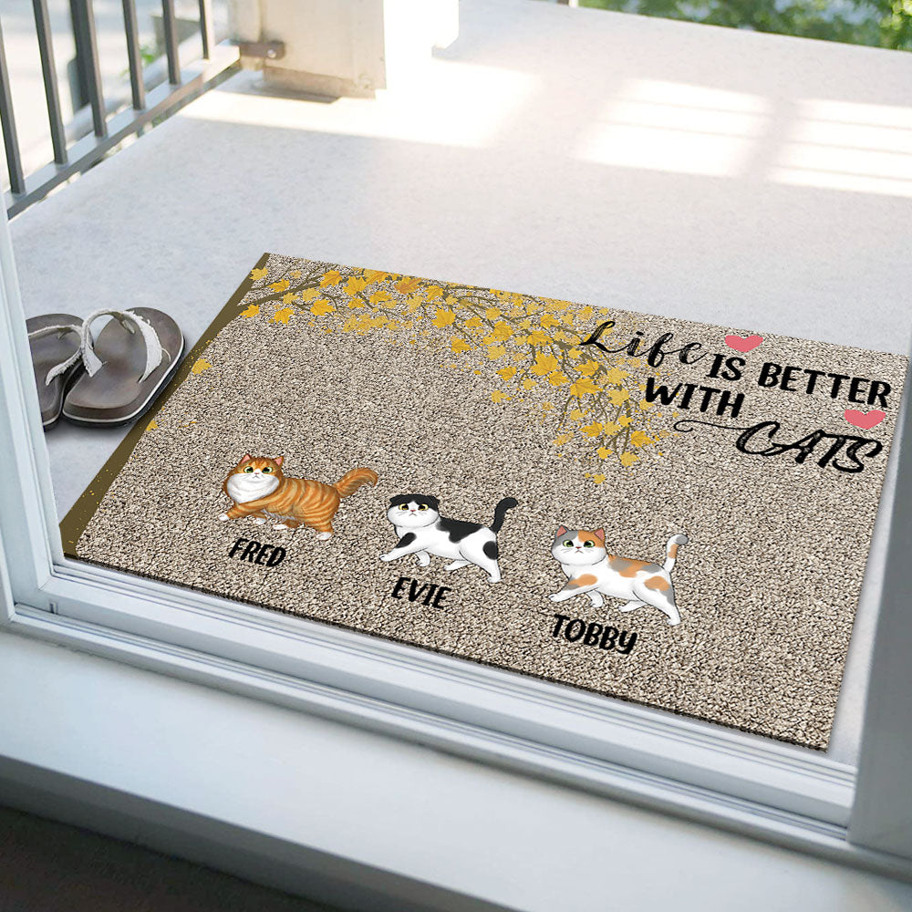 Life Is Better With Cats Falling Leaves - Personalized Cat Doormat - Jonxifon