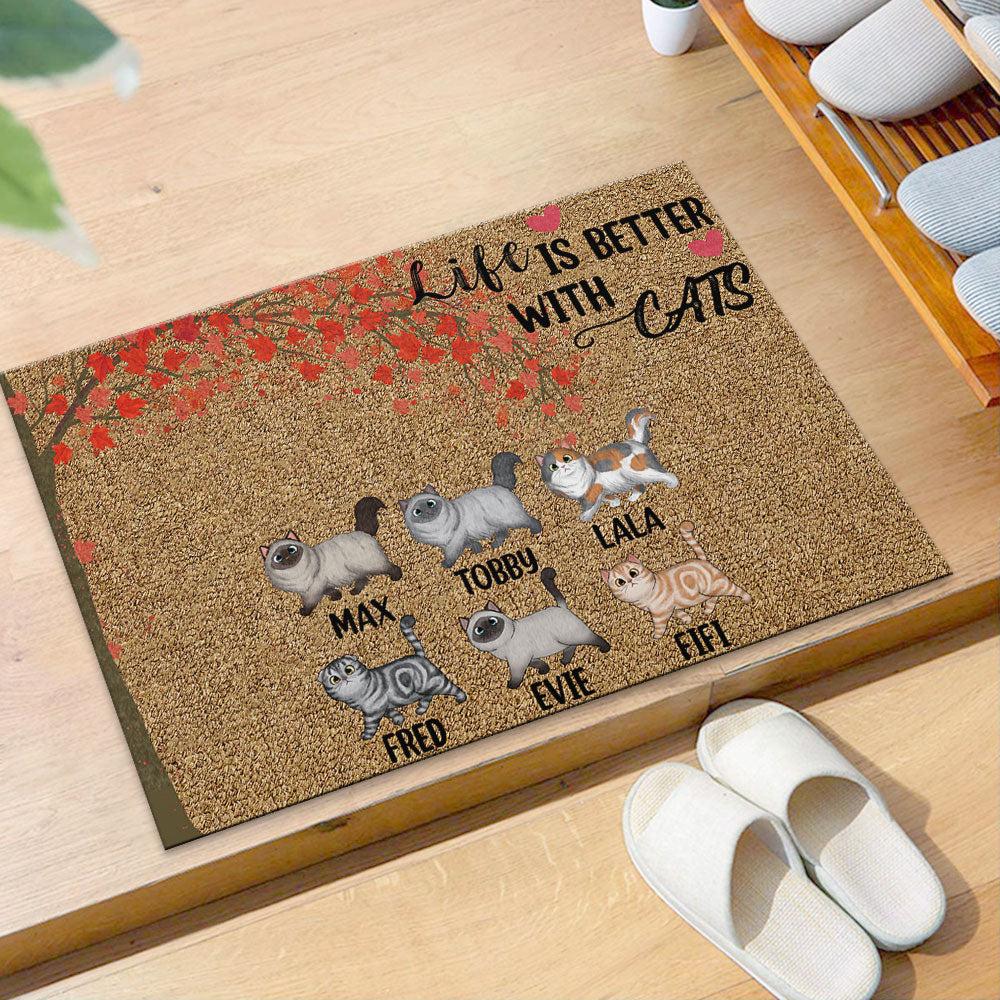 Life Is Better With Cats Falling Leaves - Personalized Cat Doormat - Jonxifon