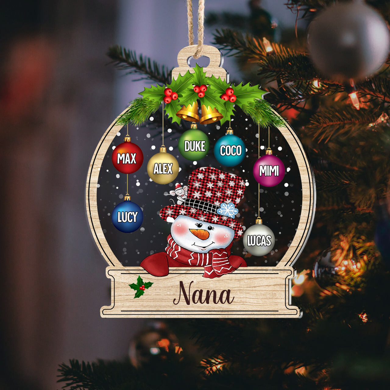 Personalized Snowman Grandma Grandkids Christmas Balls Printed Acrylic Ornament, Customized Holiday Gift For Grandma Nana Mommy Aunt