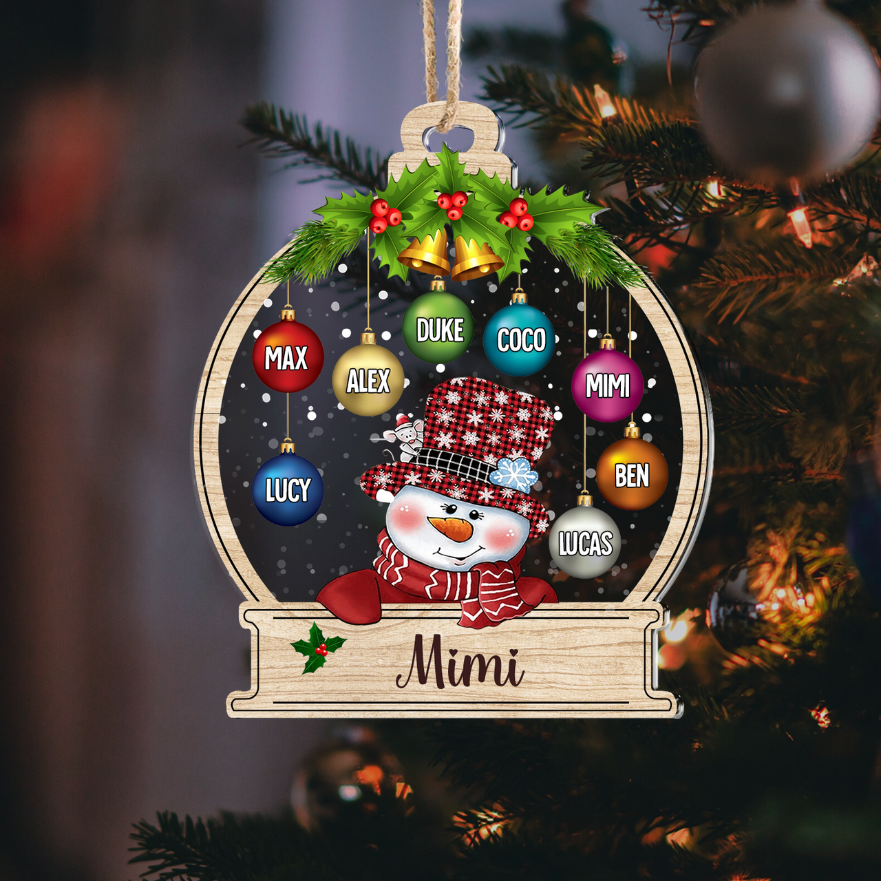 Personalized Snowman Grandma Grandkids Christmas Balls Printed Acrylic Ornament, Customized Holiday Gift For Grandma Nana Mommy Aunt