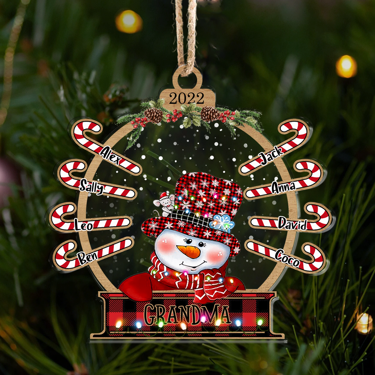 Personalized Snowman Grandma Grandkids Candy Cane Printed Acrylic Ornament, Customized Holiday Gift For Grandma Nana Mommy Aunt Dung-Diep