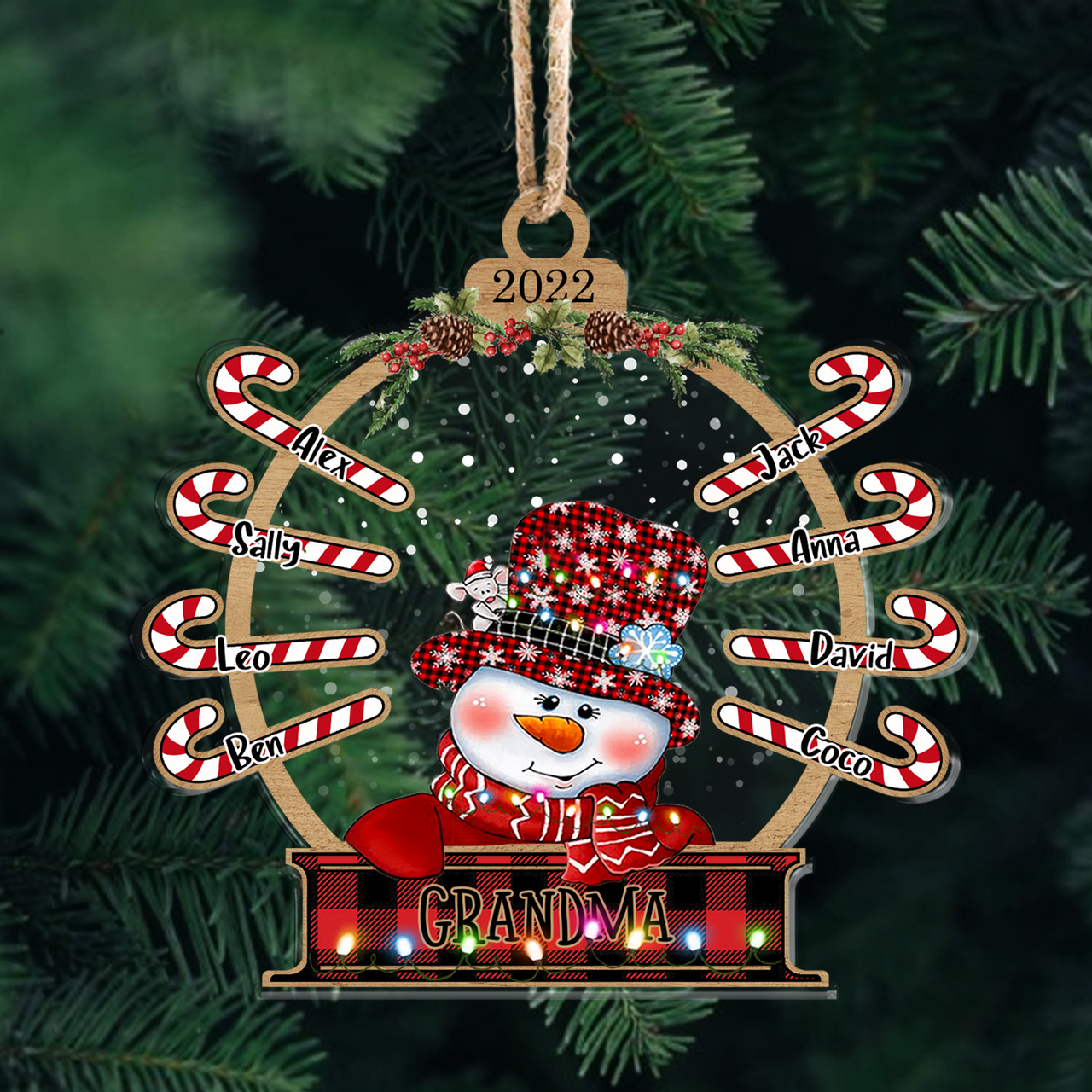 Personalized Snowman Grandma Grandkids Candy Cane Printed Acrylic Ornament, Customized Holiday Gift For Grandma Nana Mommy Aunt Dung-Diep