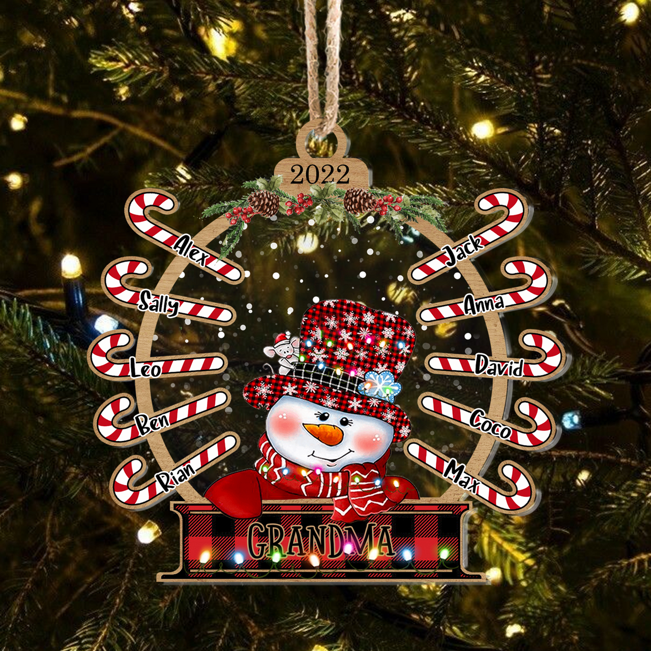 Personalized Snowman Grandma Grandkids Candy Cane Printed Acrylic Ornament, Customized Holiday Gift For Grandma Nana Mommy Aunt Dung-Diep