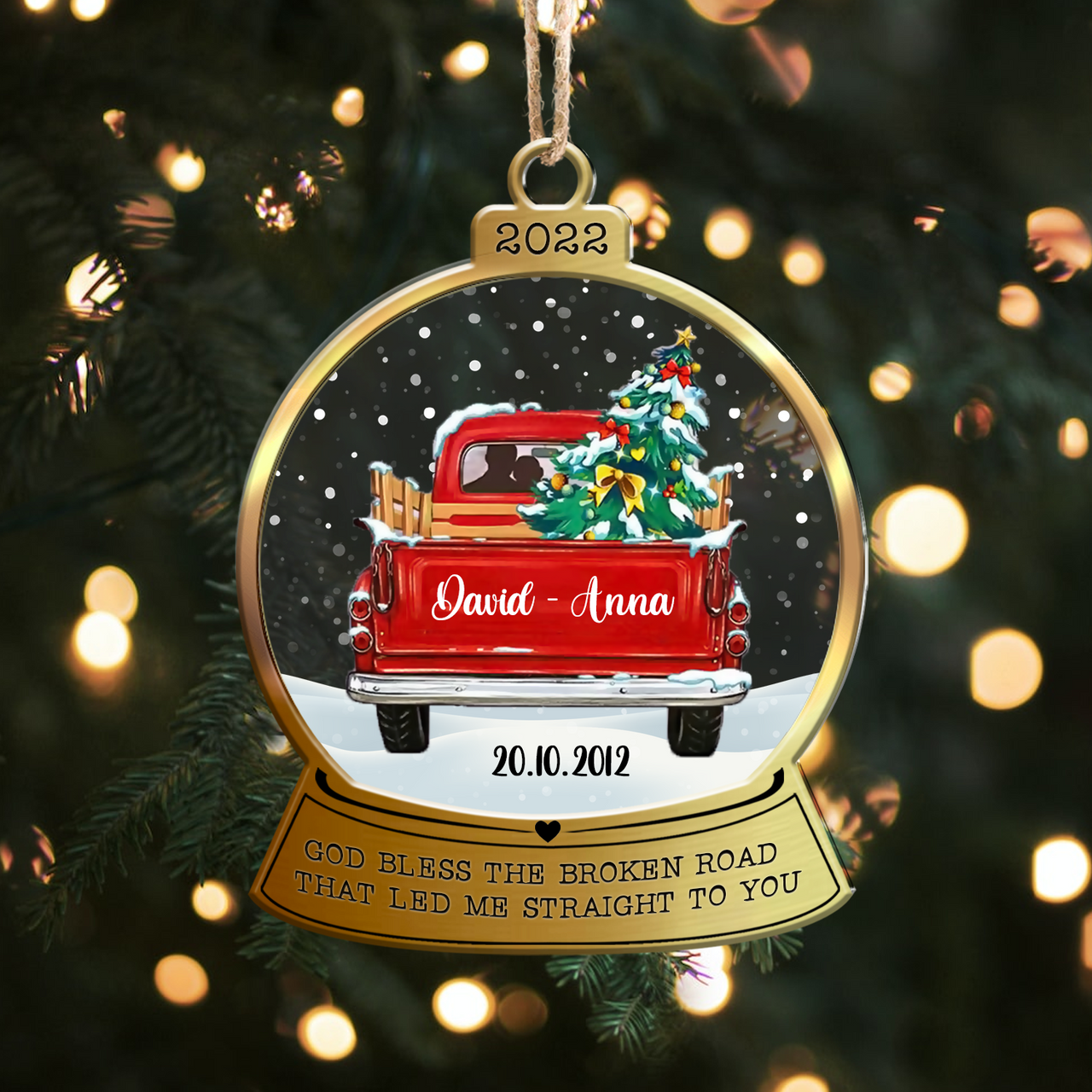 Personalized Christmas Couple Red Truck Printed Acrylic Ornament, Gift For Lovers, Husband & Wife DUNG-DIEP